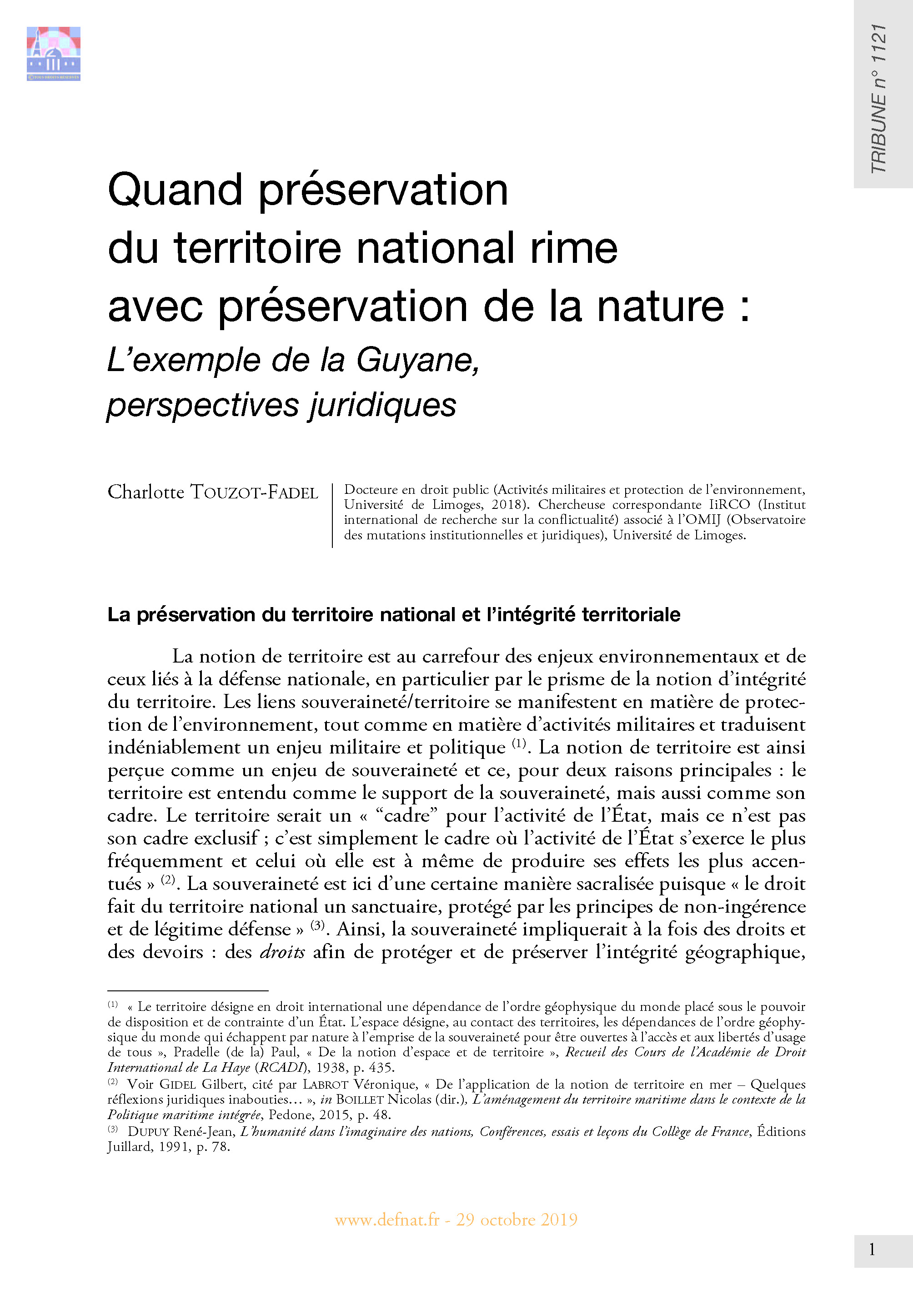 Quand préservation du territoire national rime avec préservation de la nature :
l’exemple de la Guyane, perspectives juridiques (T 1121)
